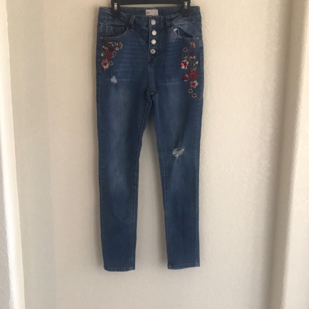 SO Jr Girlś Blue Embroidered Jeans Skinny  Size 12